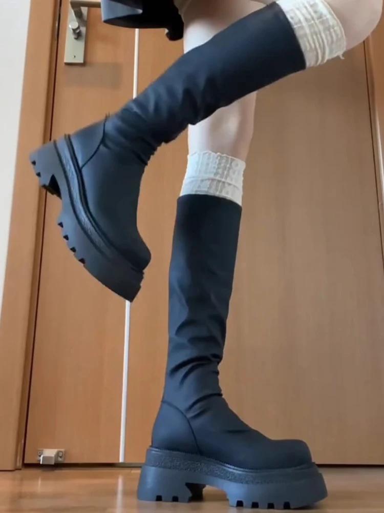 Fashion New In Fleece-Lined Round Toe Knee High Shaft Shoes Woman Fashion 2025 Hot Footwear Pu Cosplay Trend Gothic Long Boots for Women