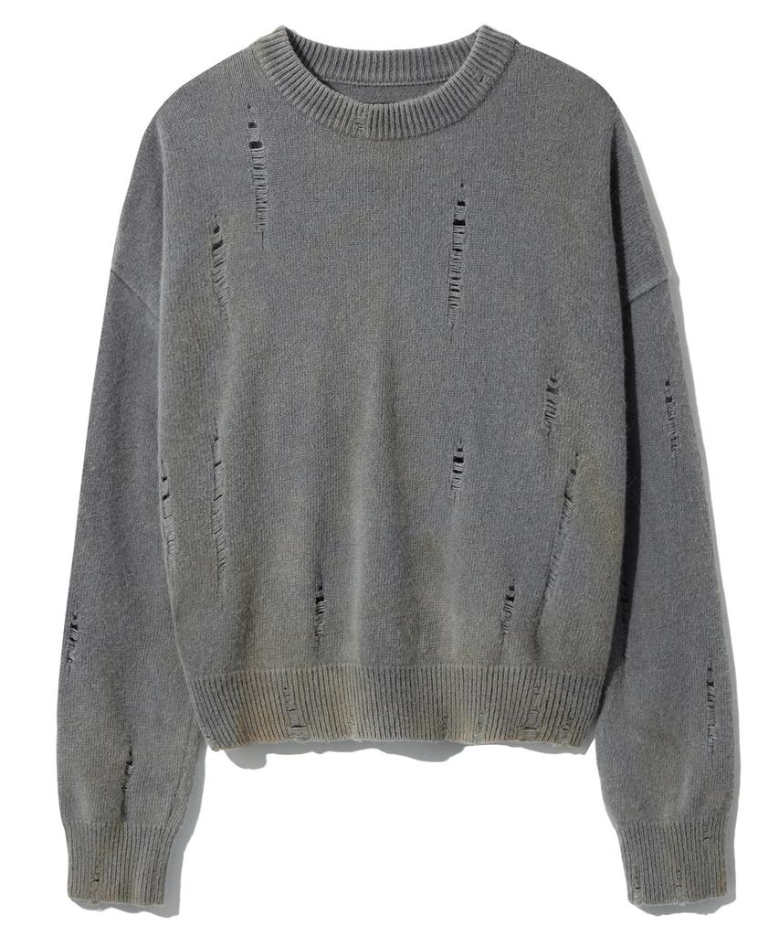 ULKIN Traditionally Dyeing Persimmon, Ink Damaged Round Neck Knit_Gray