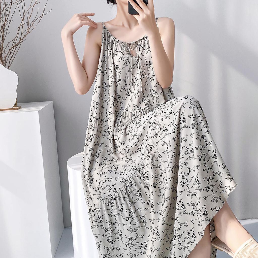 Summer sleeveless suspender cotton and silk nightdress women's lace-up can be worn outside loungewear high-end vacation long dress dress thin