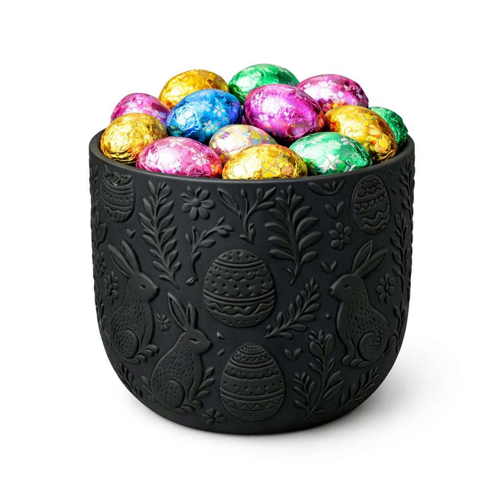 Easter flowerpot black with rabbits, decorative spring cover