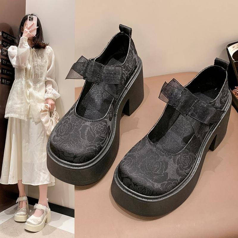 Chinese Style Mary Jane Shoes Women's Platform Lace Bow Round Head Chunky Heel Pumps