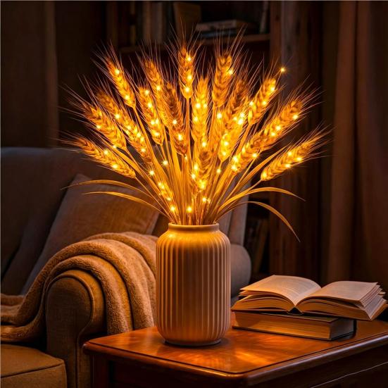 Wheat Table Lamp Cordless Rustic Golden Wheat Ear Light Warm White LED Desktop Light for Bedroom Living Room Dining Room Wedding