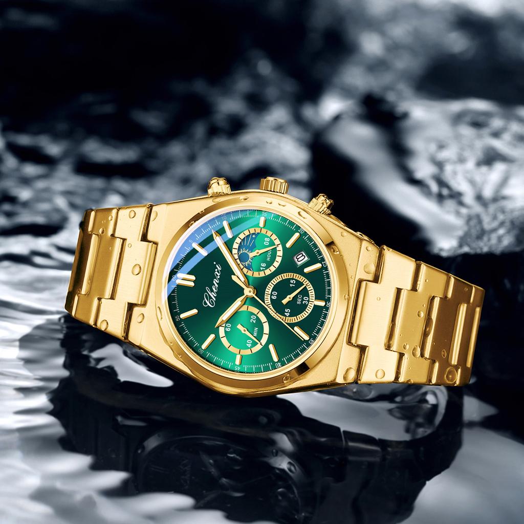 Модные часы-хронограф для мужчин, роскошные водонепроницаемые светящиеся часы с датой, золотые кварцевые мужские наручные часы Reloj Hombre