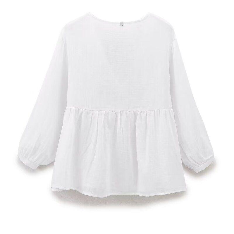 Western Style 2024 Summer New Women Loose All-Match Vertical Lace and Embroidery Decoration Shirts 2298096