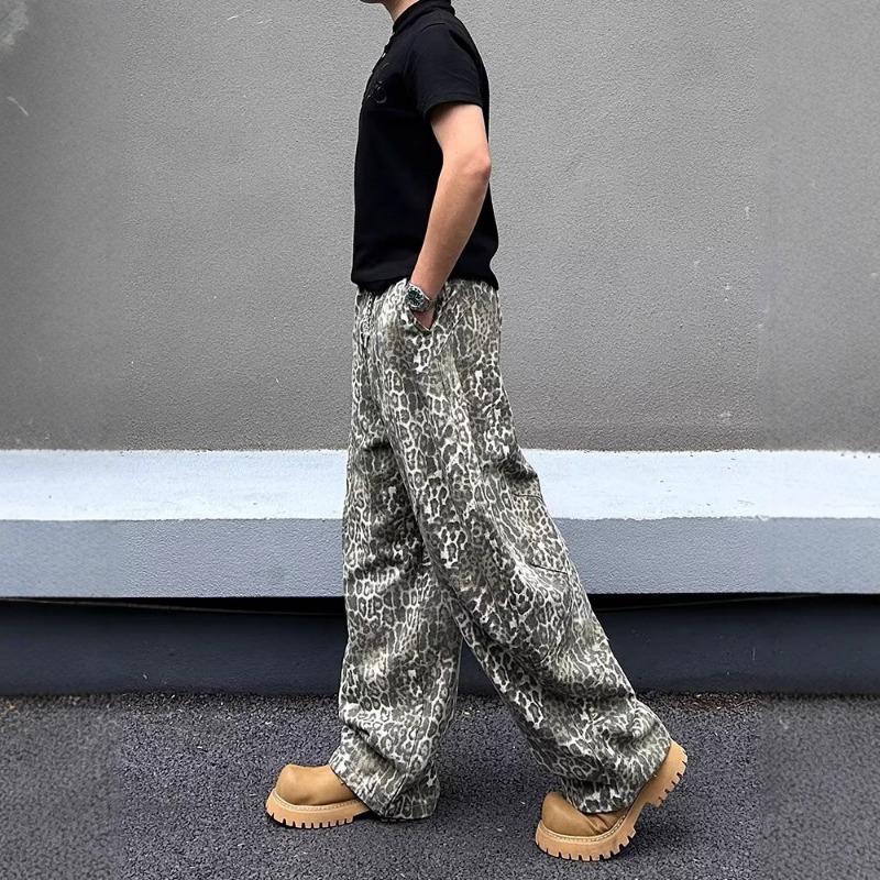 Стильные Spice Girl Универсальный силуэт Джинсы с принтом "стиранный леопард" Летние Ленивые Свободные Универсальные Узкие брюки