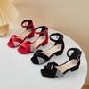 Children Mary Janes Party Wedding Shoes Girls Low Heels Pleated Rhinestones Sandals Classic Kids Princess PU