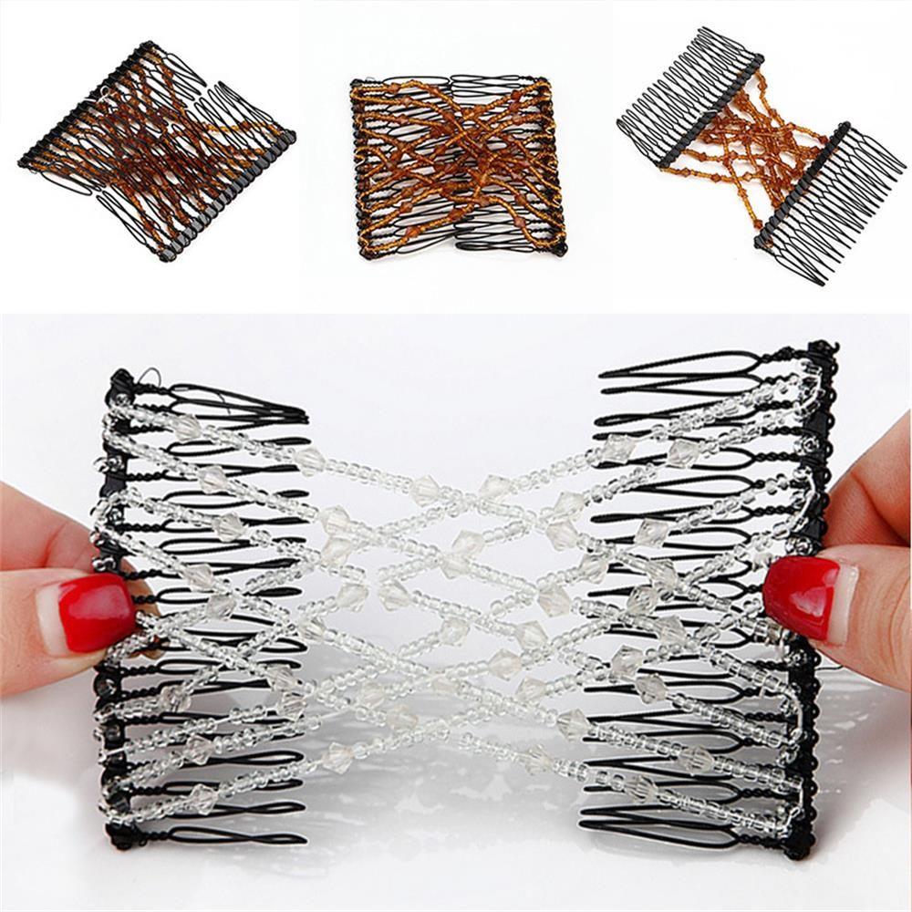 Fashion Woman Double Clip DIY Elastic Headband Bun Hair Combs Beads Comb Metal Hairpins