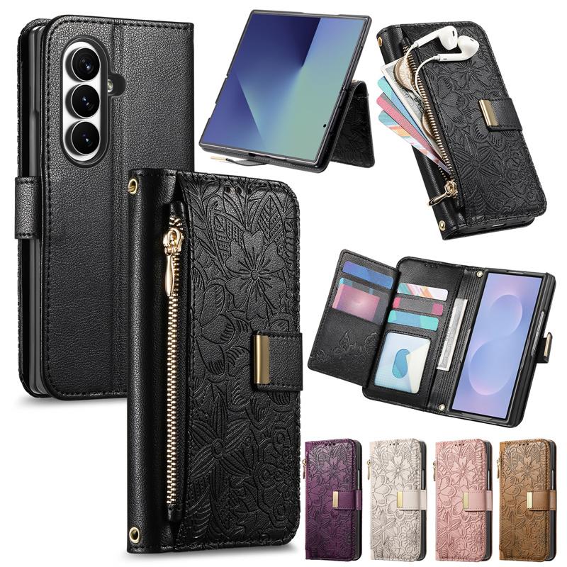 Кошелек на молнии с 6 отделениями Кожаный чехол-книжка для Samsung Z Fold 8 Ultra 7 6 5 4 5G Чехол для складного телефона Galaxy Z Fold 8 7 6 5 4 Задняя крышка-книжка