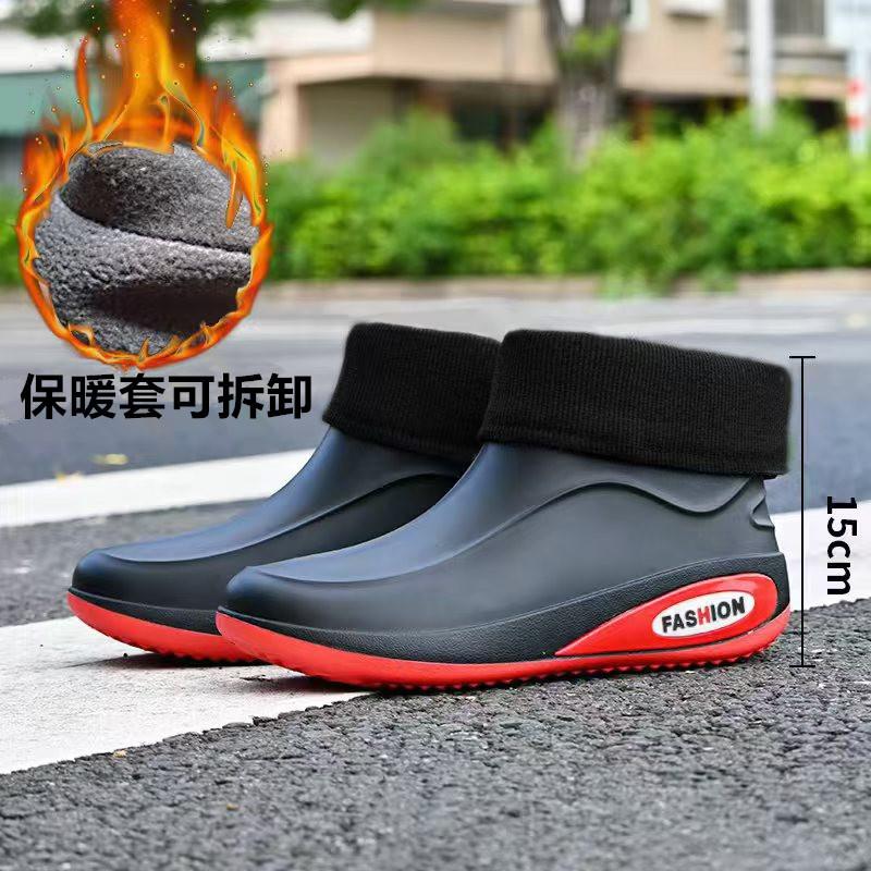 Зимние фиксированные бархатные теплые водонепроницаемые клеевые туфли модные мужские короткие дождевые туфли вейдерсы короткие ботинки уличные мужские резиновые сапоги теплые хлопковые туфли