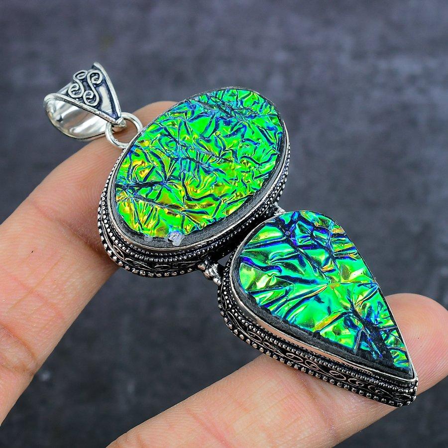 Дихроичный стеклянный драгоценный камень ручной работы 925 стерлингового серебра ювелирный кулон 3,07" q1b45