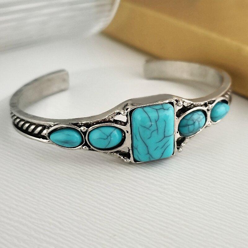 1pcs New Style Personality Retro Turquoise Carved Hollow Geometry Light Luxury Accessories Bracelet Adjustable Opening Bracelet