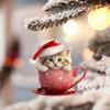 Christmas Pendant 2D Acrylic Cat Sitting Mug Charm Hanging Decor with Lanyard Holiday Party Decoration