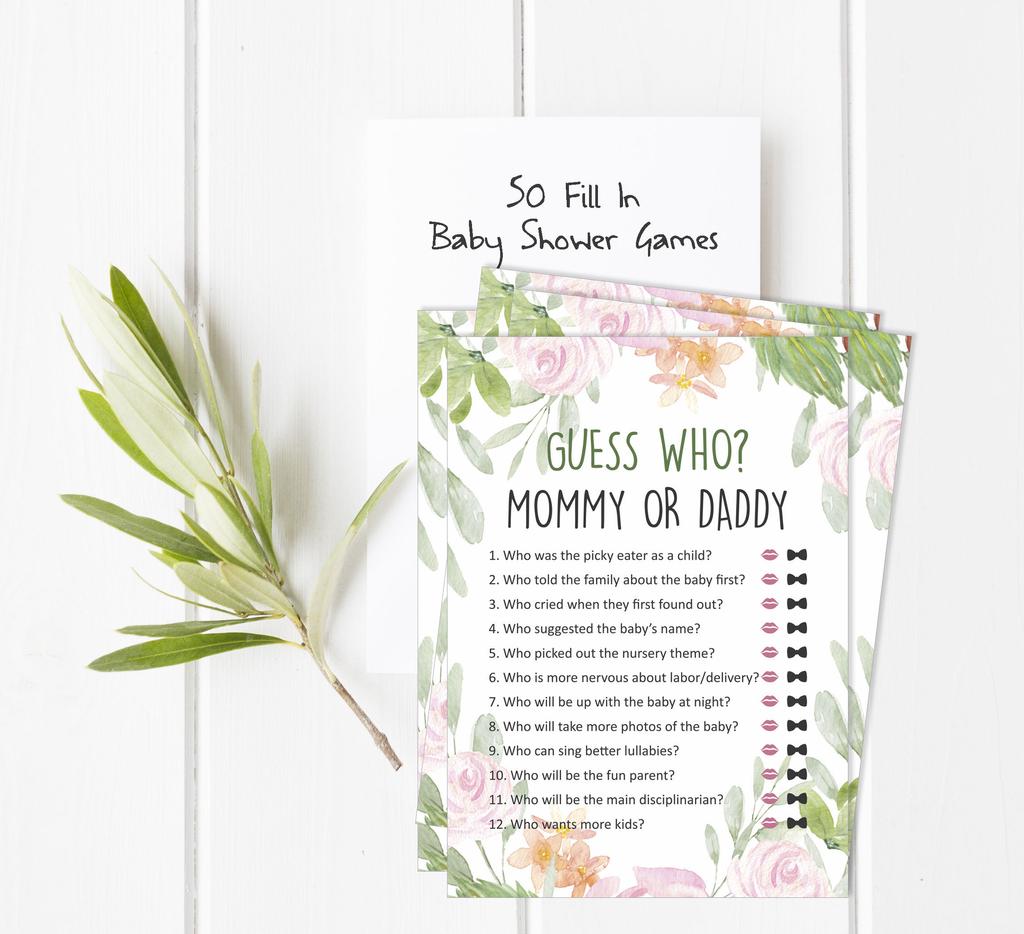 Inkdotpot Игра «Кто сказал это» Мама или папа 50 листов Веселая игра для детского душа Гендерно-нейтральная цветочная вечеринка-7407