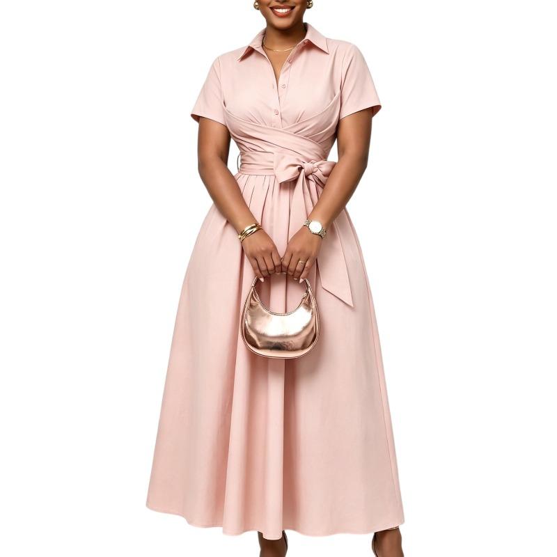 BFCCQB Women's Fashion Summer Spring Solid Color Print POLO Neck Short Sleeve Casual Dresses