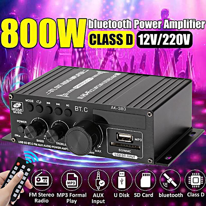 AK380 800 Вт Bluetooth усилитель аудио караоке домашний кинотеатр усилитель 400 Вт*2 2-канальный усилитель мощности класса D USB SD AUX