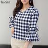 Women Casual V-Neck 3/4 Sleeve Loose Grid Print Blouse