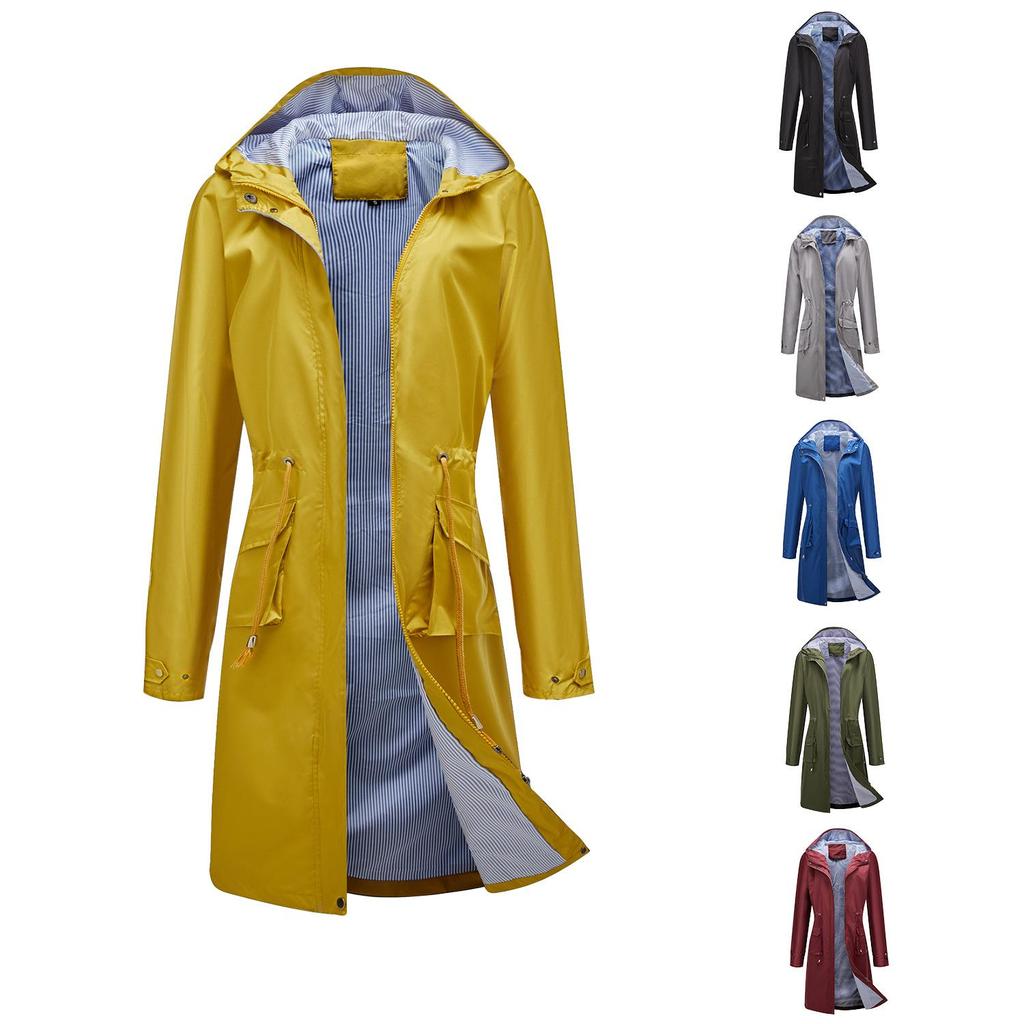 Waterproof Jacket Women Hooded Trench Fashion Outdoor Windbreaker Coat Loose Striped Lining Drawstring Long Blazer Autumn Winter