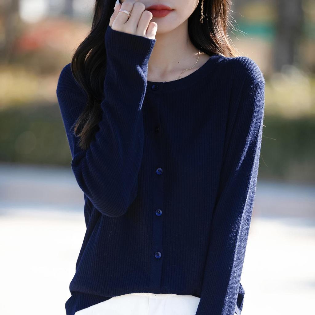 Women's Spring Korean Style Loose Wool Cardigan - Round Neck, Long Sleeve