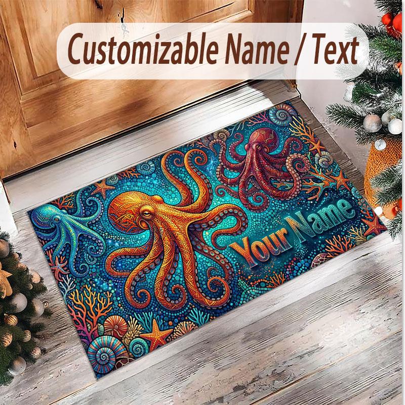 Fish Ocean Theme Soft Crystal Velvet Rug Custom Name & Text Print Non Slip Floor Rug for Bedroom Living Room