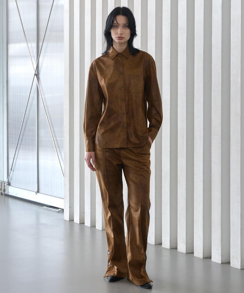 320 Showroom Faux Leather Side Slit Button Elastic Fleece-Lined Bootcut Pants Brown