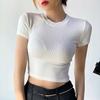 Women Summer Crop Top O Neck Short Sleeve Slim Fit Stretchy Solid Color Waist-exposed Casual Soft Breathable Lady T-shirt