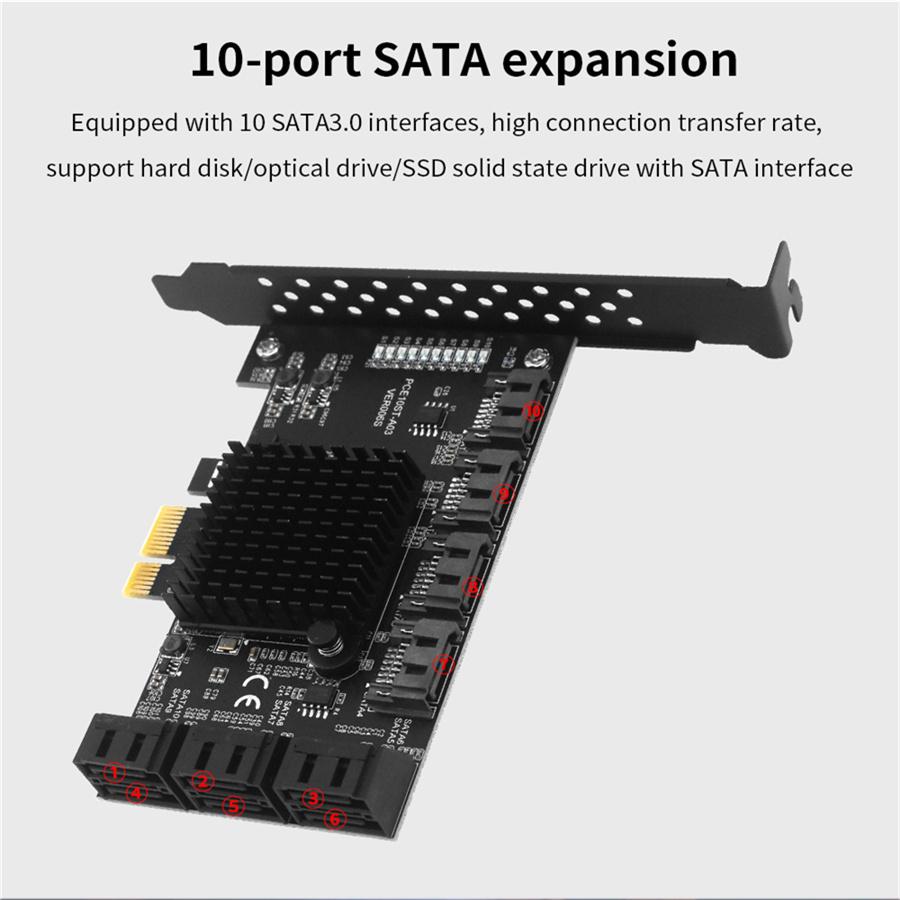 SATA PCIE 1X Adapter 10 Ports PCIE X4 X8 X16 To SATA 3.0 6Gbps Interface Rate Riser Expansion Card for Desktop PC Computer Converter Supports 32TB