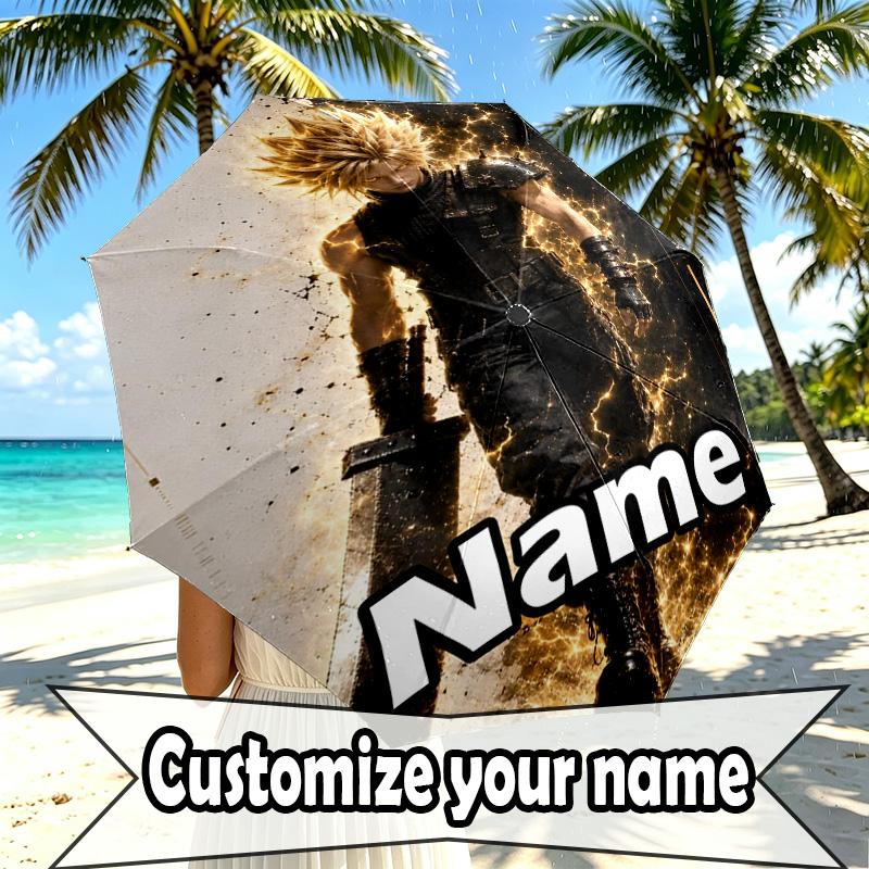 Custom Name Personalized Final Fantasy Print Umbrella, Auto Open Close, 8‑Rib Sturdy Frame, Commute Camping Hiking Use, Birthday Gift