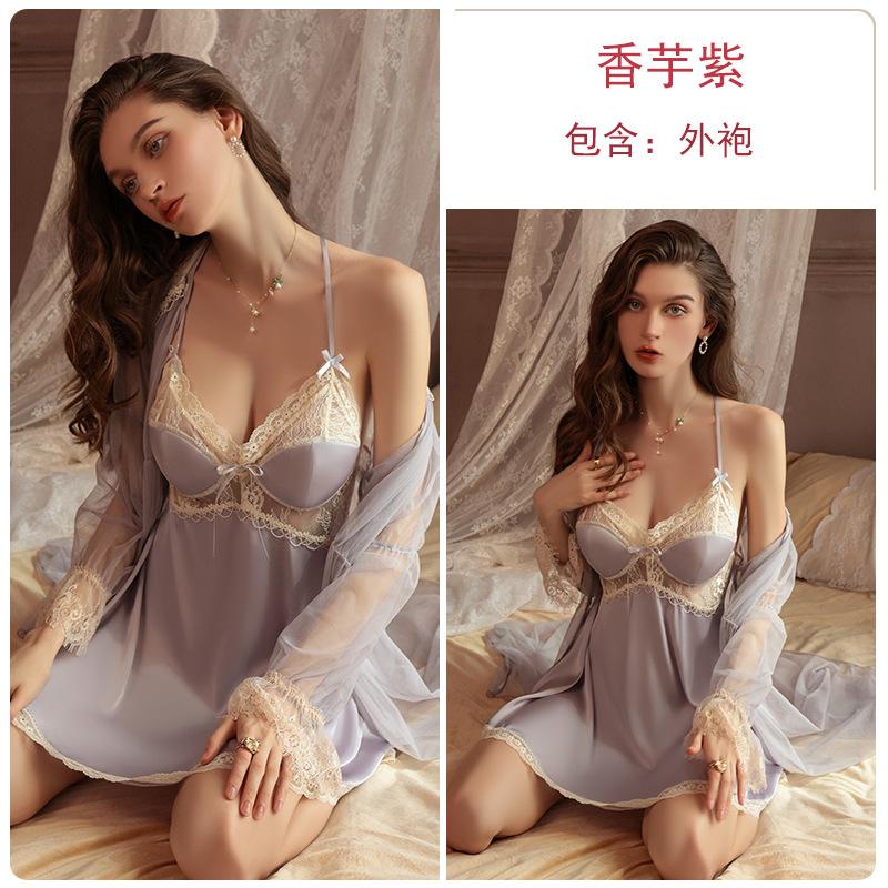 Women's Push Up Comfy Padded Cami Sleep Dress with Robe Lounge Set