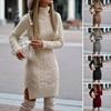 Fall Winter Sweater Dress High Collar Neck Protection Slim Fit Slit Hem