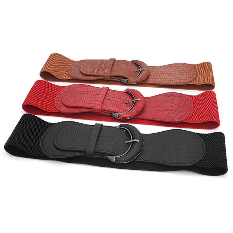 Womens Ladies Faux Leather Wide Stretch Elastic Buckle Cinch Waist Wide Belts