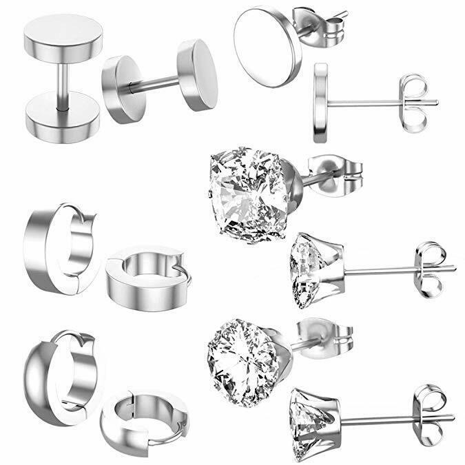6 Pairs Stainless Steel CZ Stud Earrings Huggie Hoop Ear Piercing for Women Men Set Fashion Jewelry