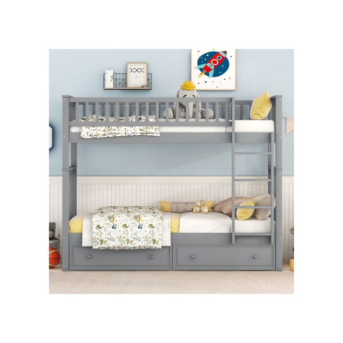 Двухъярусная кровать - MUVOE - 90x200см - Серая - С ящиками - Трансформируется в диван-кровать