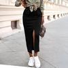 Women Midi Skirt High-Waisted Hip-Covering Design Office Lady Skirt Solid Color Back Slit Hem Casual Skirt