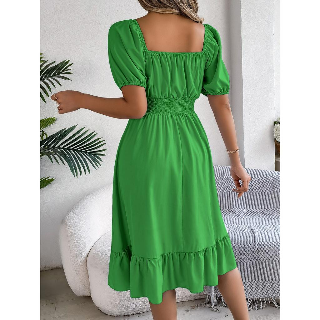 GMXIA Весенне-летнее повседневное платье с квадратным вырезом, короткими рукавами, приталенное, с А-силуэтной юбкой с оборками, женская одежда