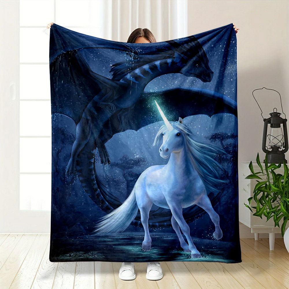 A Glowing White Unicorn and a Dark Dragon In a Mystical, Starry Scene. for All Seasons Blanket Lunch Break Throw Gift