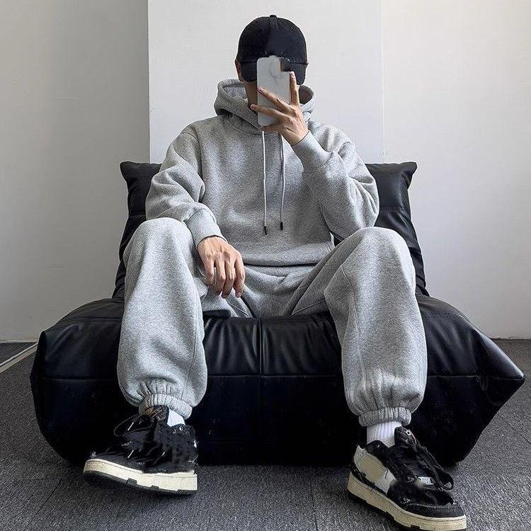 Осенне-зимний модный худи-костюм для пар с плюшевой подкладкой теперь повседневный, свободного кроя, с длинными рукавами.