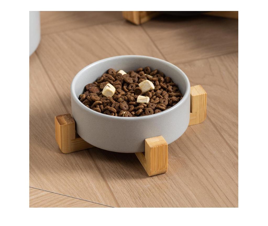 Керамическая миска для корма домашних животных с приподнятой бамбуковой подставкой - Антиопрокидывающаяся конструкция для собак и кошек, Защищает шейный отдел позвоночника