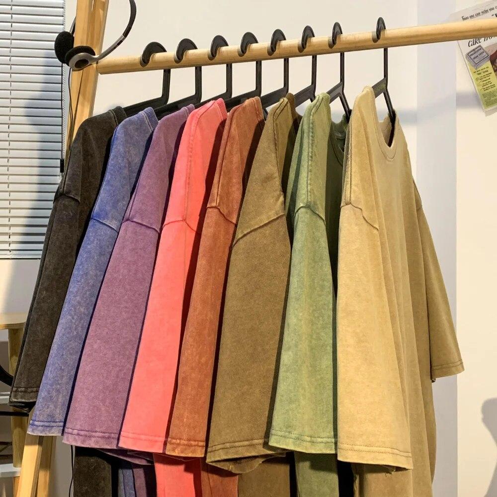 230 г хлопковая ретро футболка с заниженными плечами для мужчин и женщин, винтажные футболки с короткими рукавами, однотонные свободные футболки в стиле хип-хоп