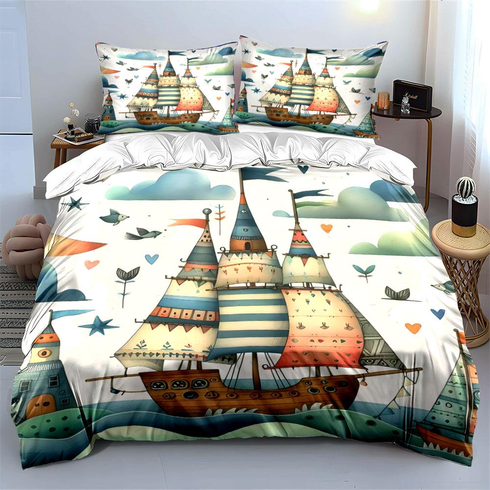 Colorful Sailing Boat Artwork Set Soft Skin-Friendly Bedding Set Includes 1 Duvet Cover And 2 Pillowcase Gift