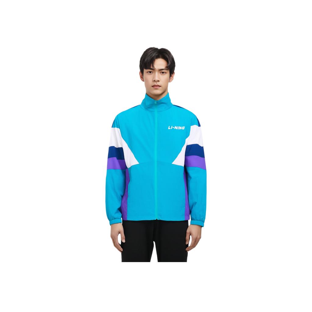 Li Ning Sports Lifestyle Series American Retro Color Block Letter Printing Stand Wool Jacket Unisex Jacket Light-Blue AJDT503-1