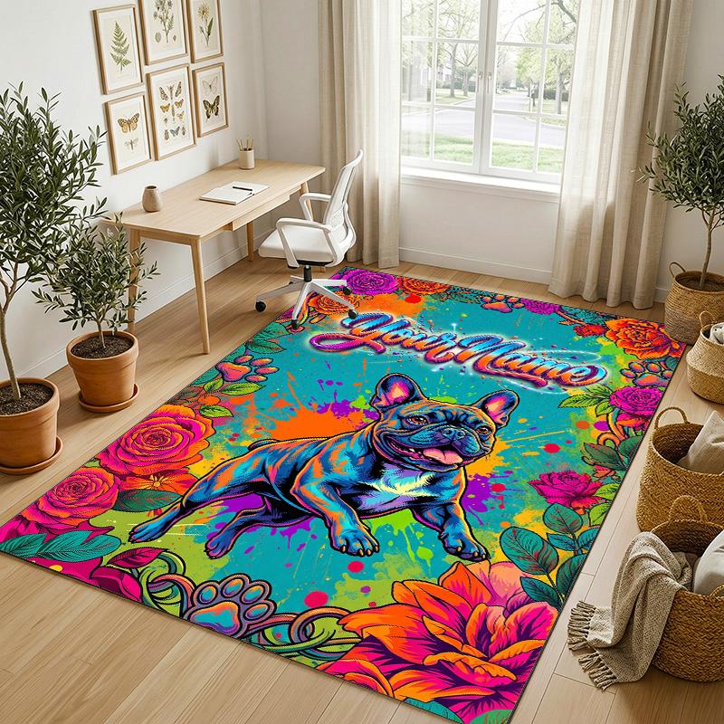 Floral Garden Theme Crystal Velvet Rug Personalized Custom Name Text Soft Floor Mat Home Decor