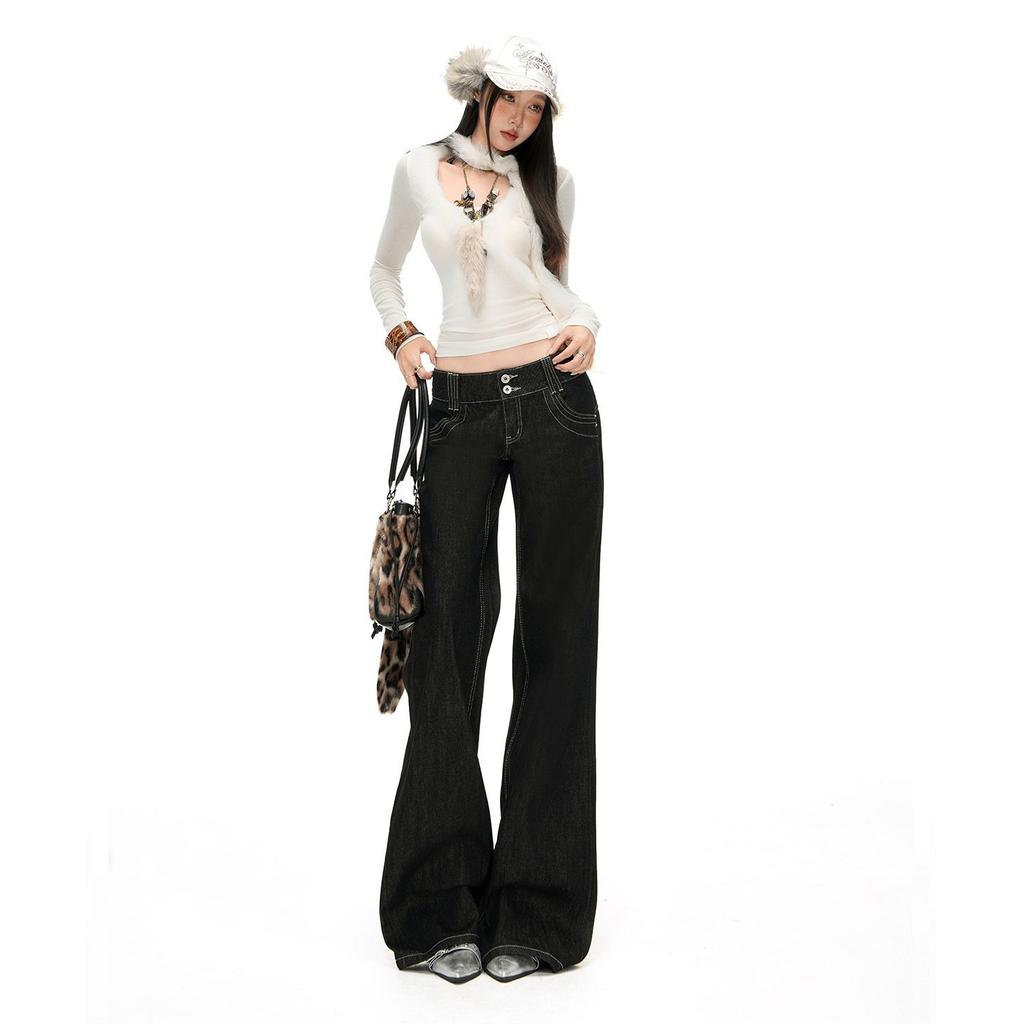 Autumn and winter new American retro double-buckle low-rise original cow loose straight tube thin jeans women