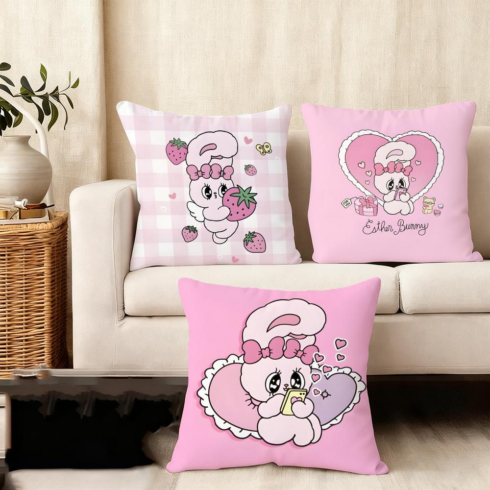 EEsther BunnyY Pink Cute Cushion Cover Plush Fabric Soft DoubleSided Printed Sofa Warm Winter Home Child Gift Pillow Case