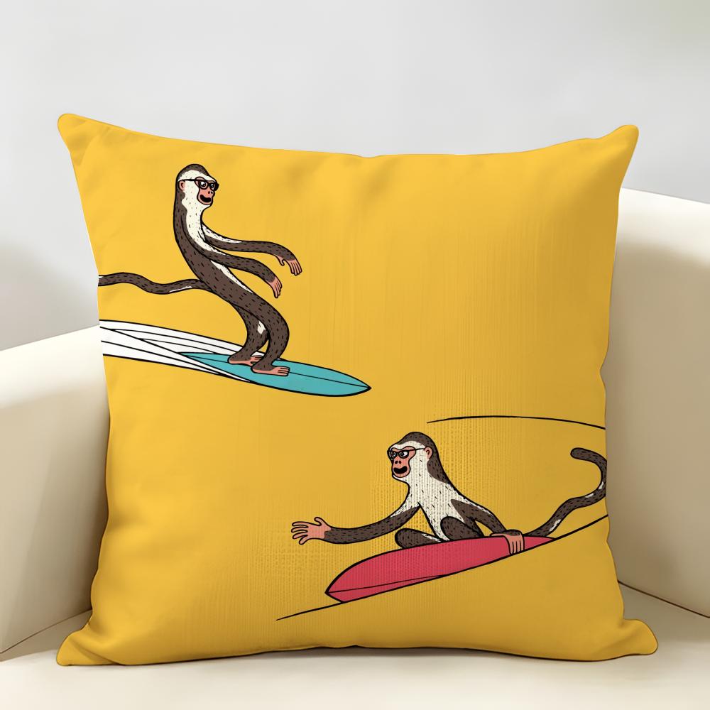 Funny Surfing Animals Cute Cushion Cover Natural Linen Organic Fabric DoubleSided Printing Room Sofa Decor Pillow Case