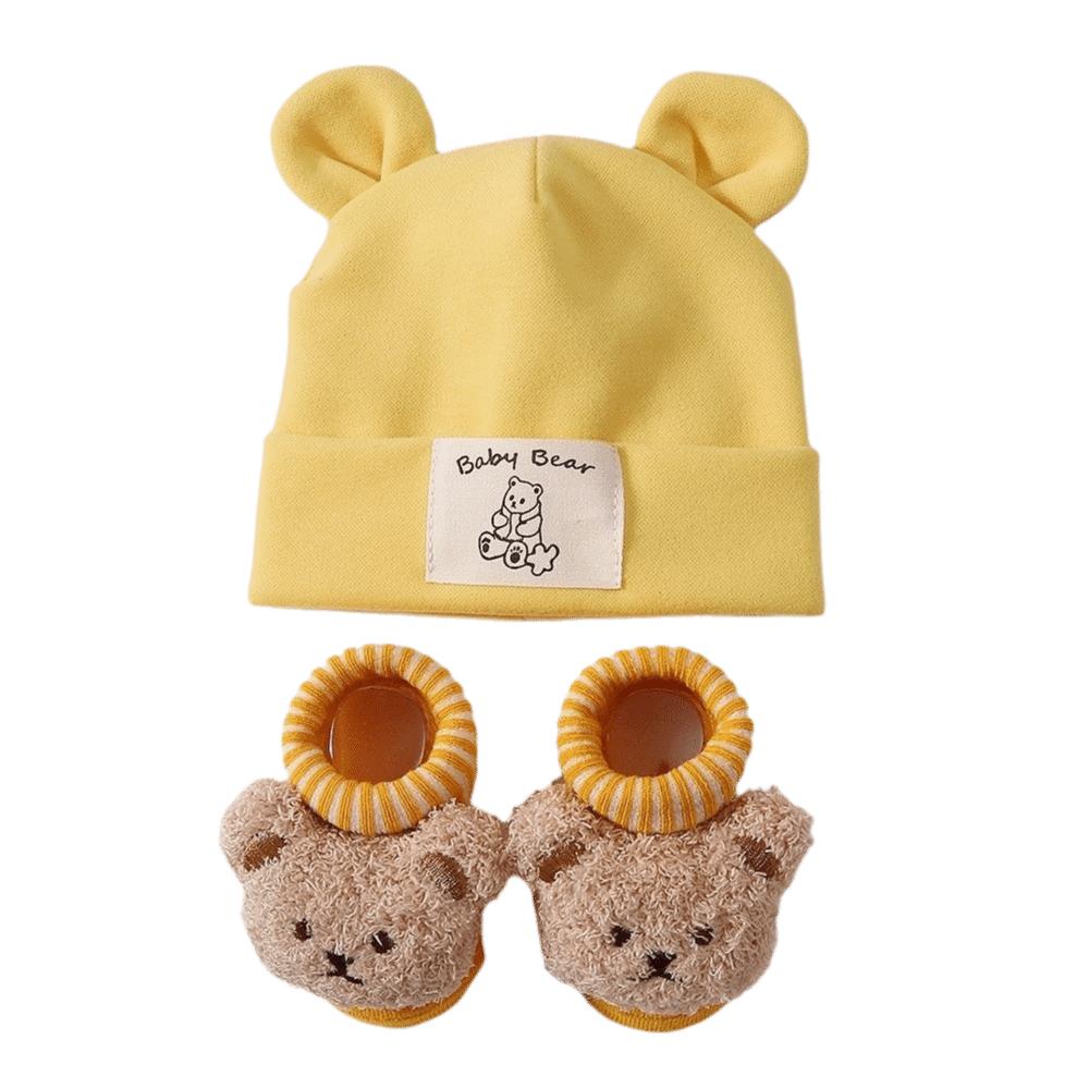 2Pcs/Set Warm Bear Ear Beanie Cotton Infant Cap Socks Cute Baby Turban Socks Autumn Winter