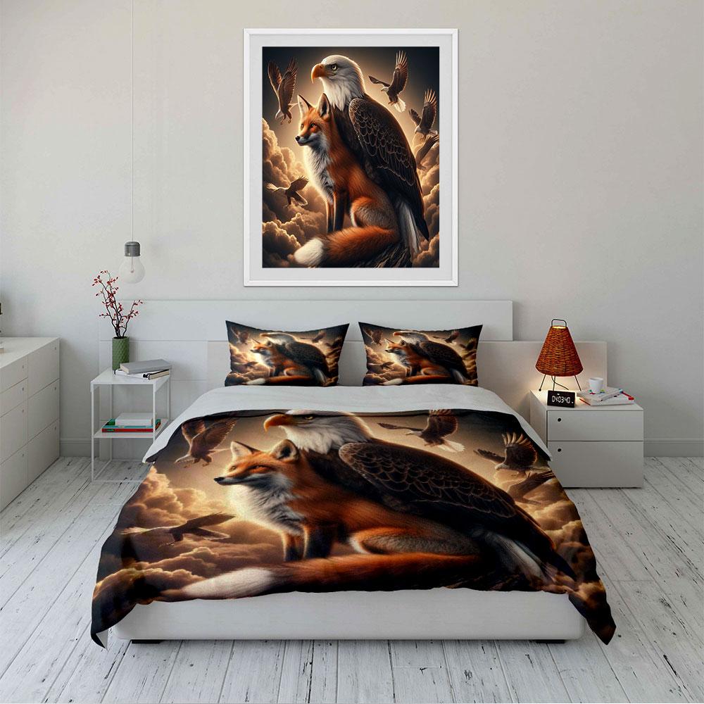 Fox and Eagle in Sunset Sky Bedding Duvet Cover Set Duvet Cover Pillowcases (1 * Duvet Cover 2 * Pillowcases, without duvet insert)