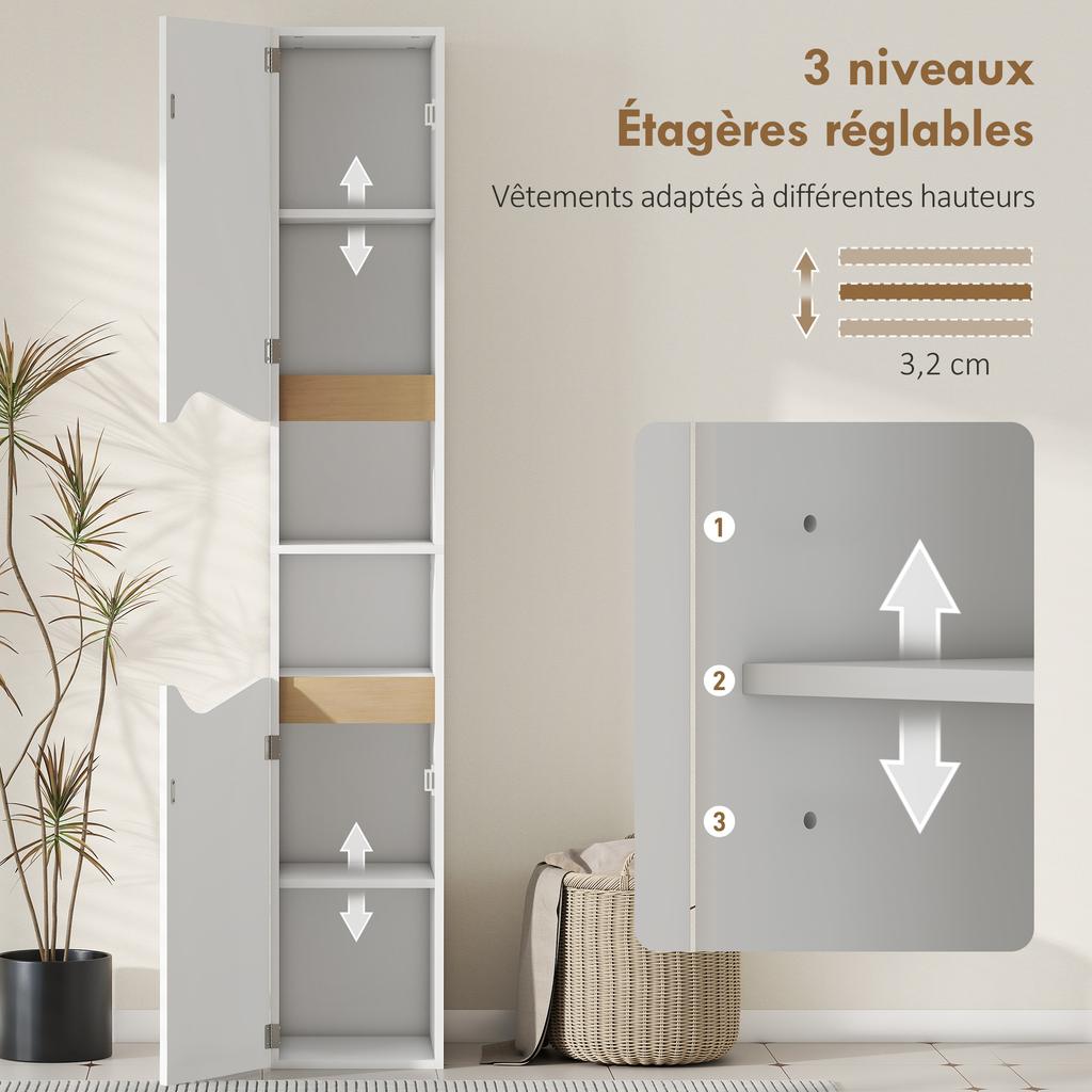 Bathroom Cabinet, Narrow, 2 Doors, Open Compartments, 30 x 34.6 x 180.5 cm, White