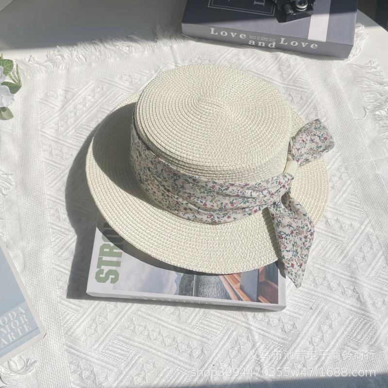 French flat hat straw hat women's summer seaside play beach hat top hat floral with sun protection hat