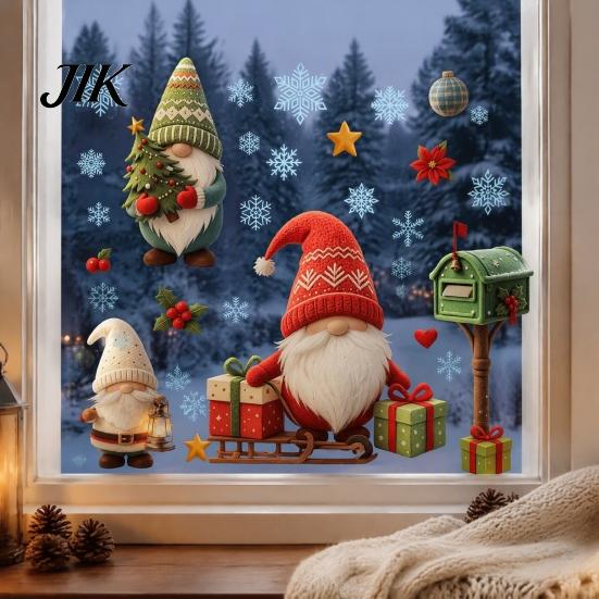Removable Window Film Christmas Gnome Cling, Waterproof Snowflake Glass Decal, Faceless Ornaments Dwarf Static Sticker for Holiday Decoration Reusable