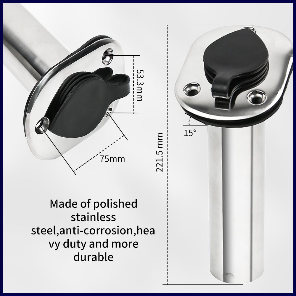 1pc Boat Flush Mount Fishing Rod Holder Marine Stainless Steel 15/30/90 Degree with PVC Cap Inner Tube Gasket Boat Hardware